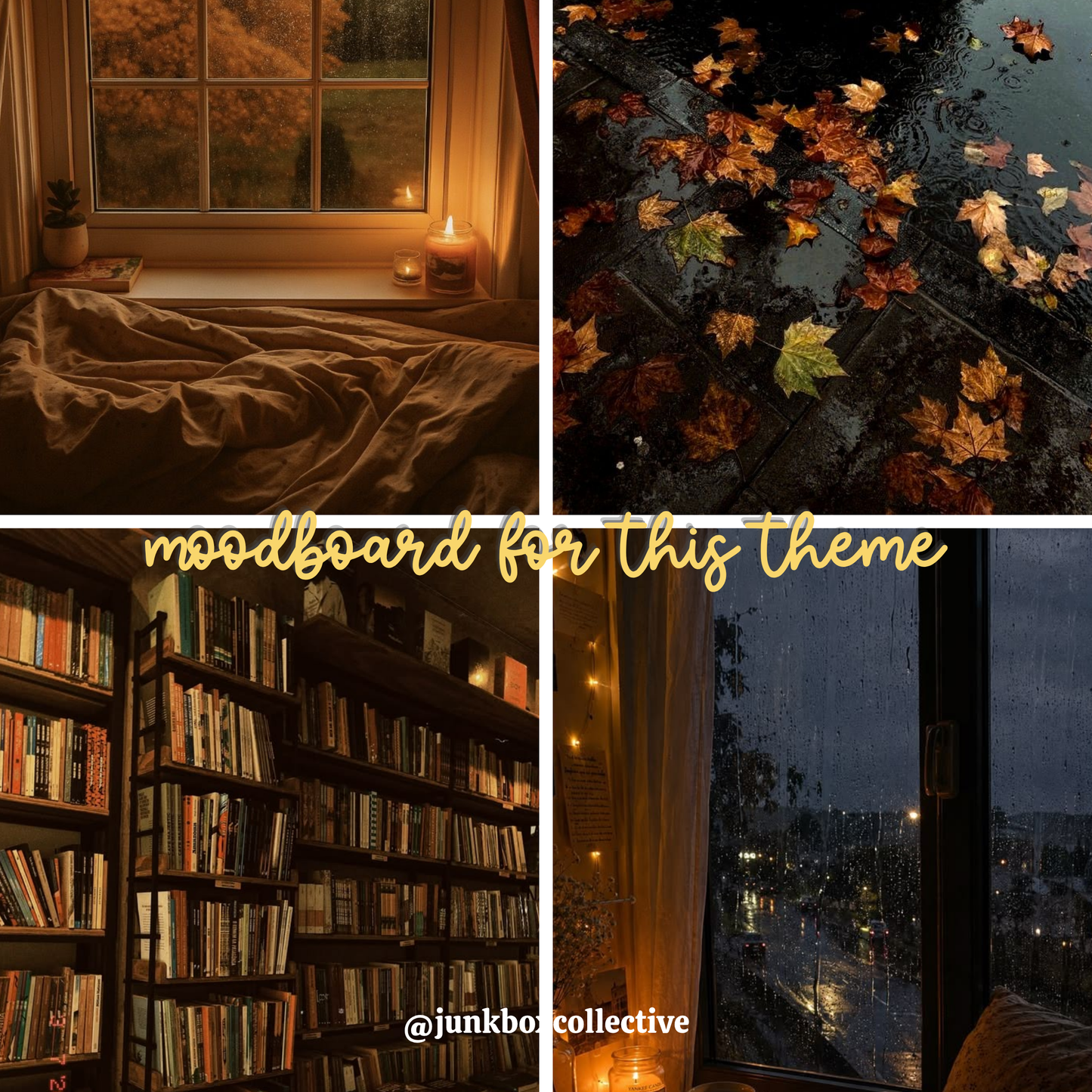 A four-panel autumn-themed moodboard collage with warm cozy interior scenes: a bed by a window with candles, fallen leaves on wet pavement, bookshelves filled with books, and a rainy night window view. Gold script text reads 'moodboard for this theme' with '@junkbox collective' at the bottom.