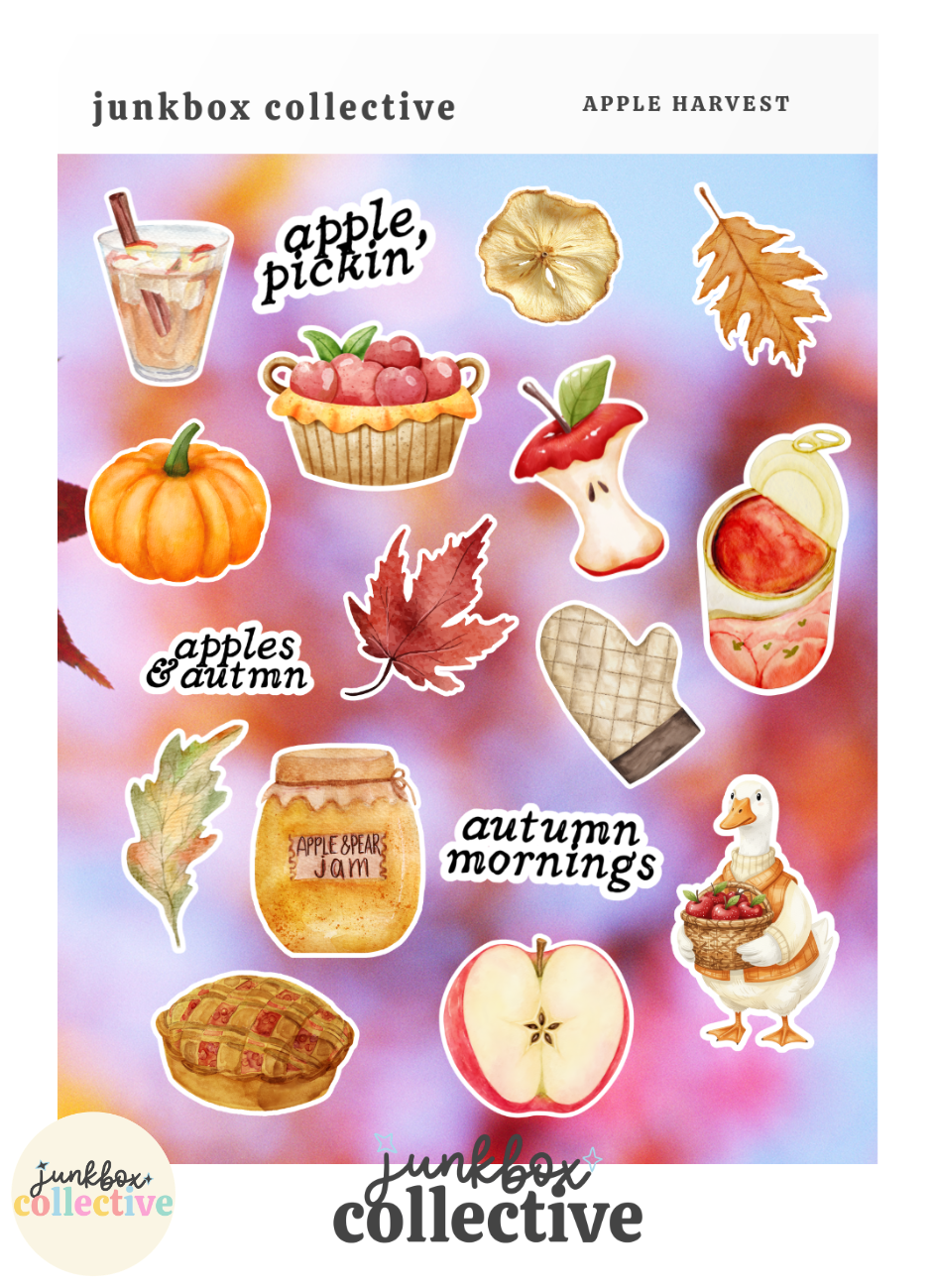 Apple Harvest fall junk journal sticker sheet featuring apple picking, apples, apple pie, apple cider, pumpkin, autumn leaves and apple orchard illustrations