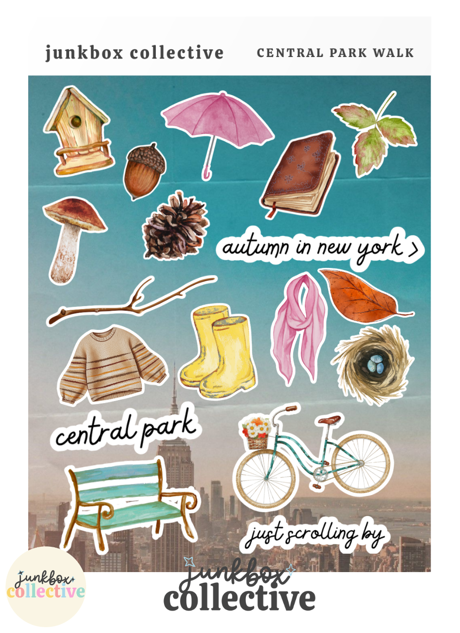 Central Park Walk autumn New York City junk journal sticker sheet with fall leaves, park bench, bicycle, umbrella, sweater, boots, pinecone and vintage book