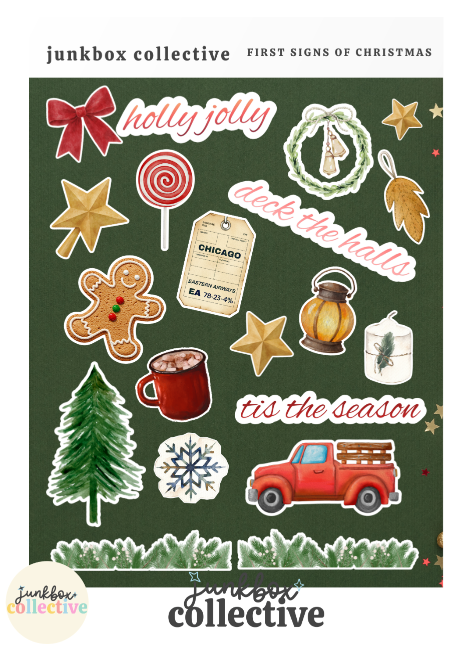 First Signs of Christmas vintage Christmas junk journal sticker sheet with Christmas tree, gingerbread cookie, peppermint candy, wreath, hot cocoa, red holiday truck and Christmas greenery