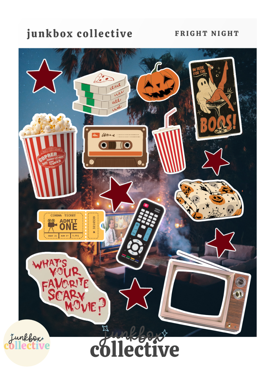 A sheet of Fright Night themed stickers from Junkbox Collective, featuring Halloween icons like a jack-o'-lantern, popcorn bucket, cassette tape, TV, remote, tickets, and a retro movie poster on a dark spooky background.