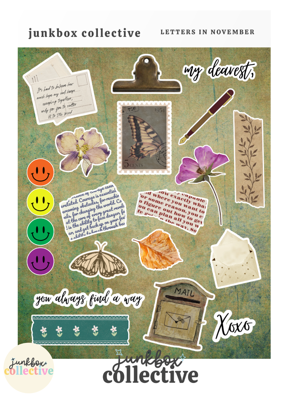 Letters in November vintage junk journal sticker sheet with envelopes, postage stamp, handwritten letters, flowers, autumn leaves, mailbox and fountain pen