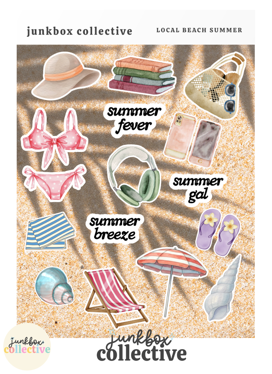 Local Beach Summer junk journal sticker sheet featuring pink polka dot bikini, beach tote, summer books, headphones, flip flops, seashells, beach chair, umbrella and coastal summer illustrations.