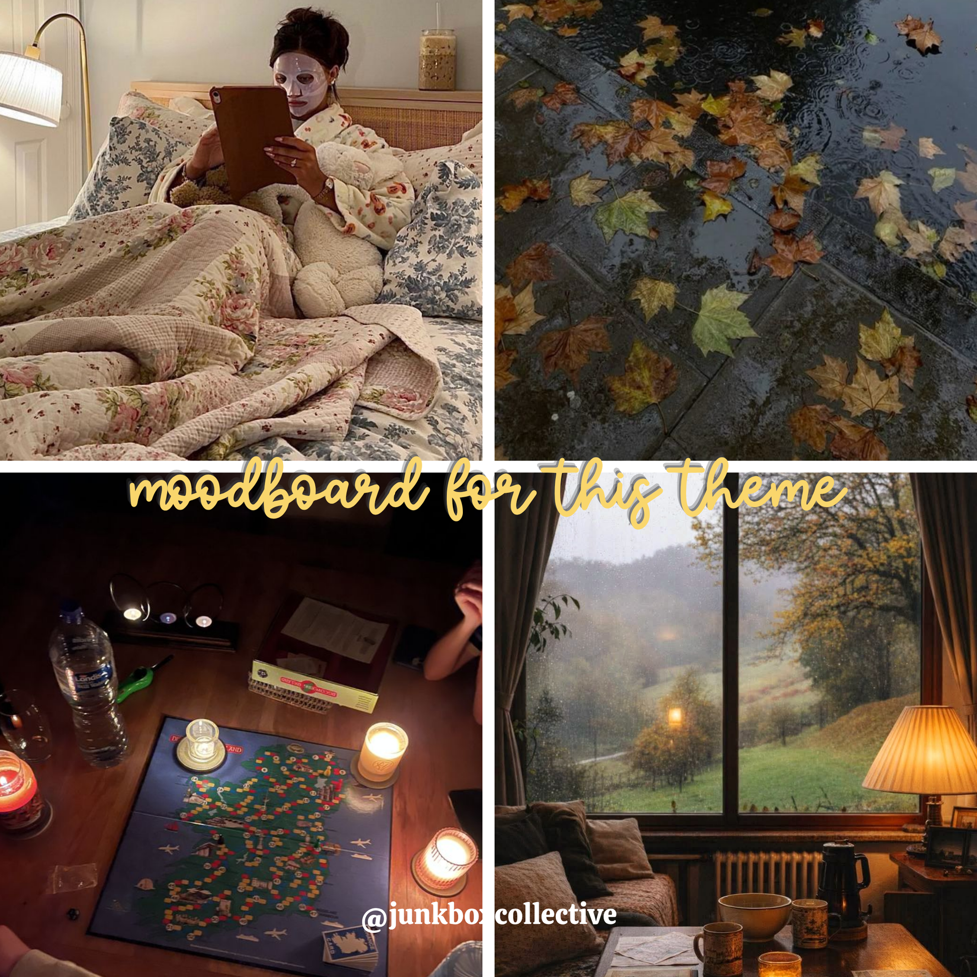 A four-panel autumn-themed moodboard collage with a woman reading on a bed, fallen leaves on wet pavement, a cozy indoor tabletop scene with candles and board games, and a rainy window view. Text across the center reads 'moodboard for this theme' with '@junkbox collective' at the bottom.