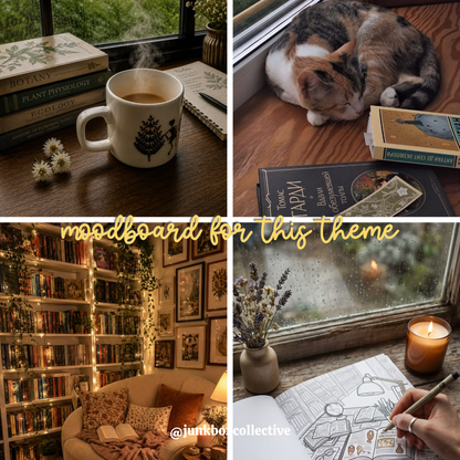 A four-panel cozy moodboard collage with a white coffee mug, books, a sleeping calico cat on a wooden floor, a warmly lit bookshelf and lounge chair, and a hand sketching at a rainy window. Large text reads 'moodboard for this theme' with '@junkbox collective' at the bottom.