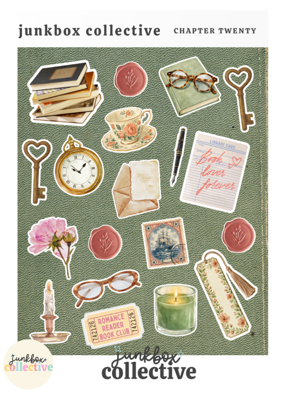 Chapter Twenty vintage book lover junk journal sticker sheet featuring stacked books, library card, reading glasses, antique keys, pocket watch, floral teacup, handwritten letter, candle, postage stamp, book club ticket and vintage literary ephemera on a sage green background.