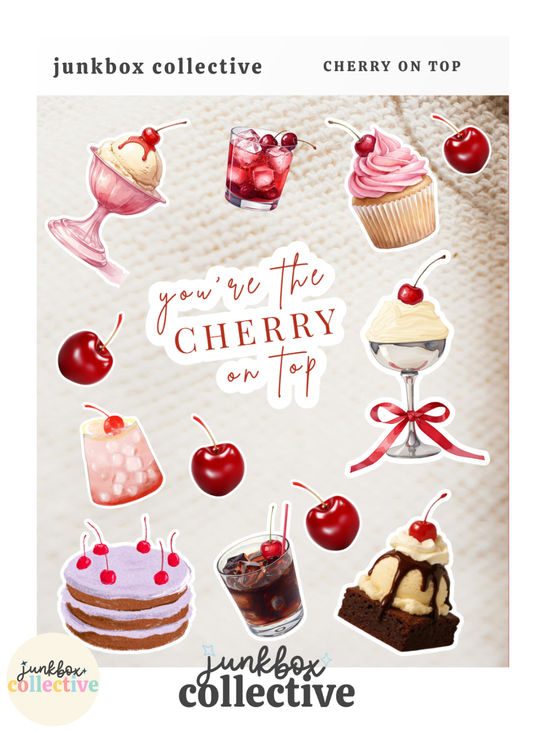 Cherry on Top cherry dessert junk journal sticker sheet with cherries, ice cream, cupcakes, cake, brownies, sweet drinks and dessert illustrations