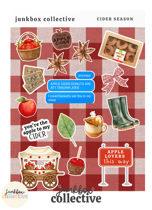 Apple cider donut and fall orchard sticker sheet featuring apples, warm apple cider, caramel apples, cider donuts, rain boots, autumn leaves and apple picking designs for junk journals and scrapbooks.