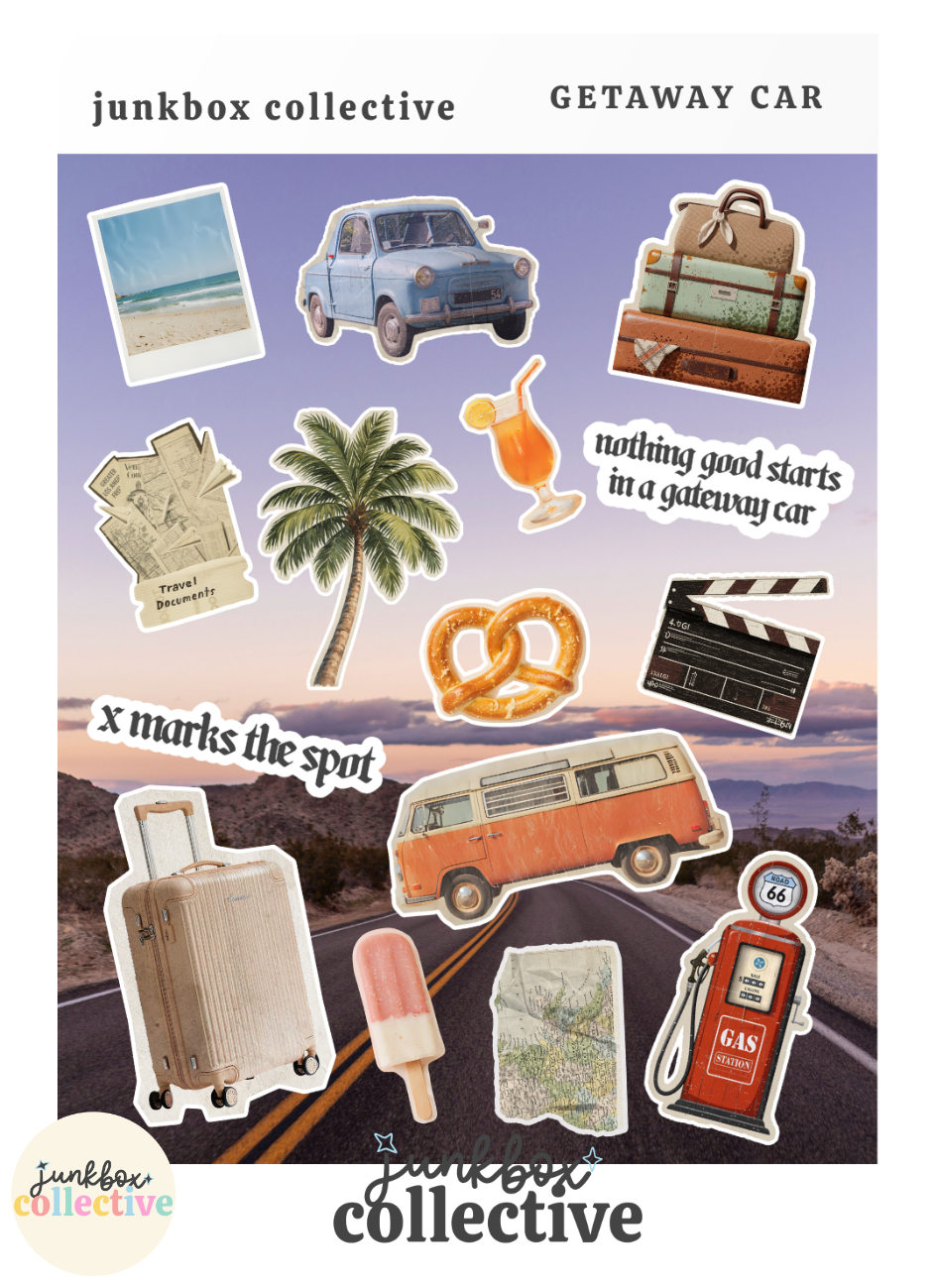 Retro road trip and travel junk journal sticker sheet with vintage car, camper van, luggage, map, beach photo, palm tree and gas pump