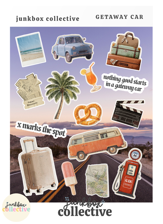 Retro road trip and travel junk journal sticker sheet with vintage car, camper van, luggage, map, beach photo, palm tree and gas pump