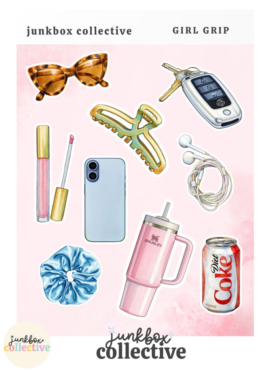 Girl Grip girly everyday life junk journal sticker sheet with sunglasses, lip gloss, phone, claw clip, headphones, scrunchie, tumbler and soda stickers