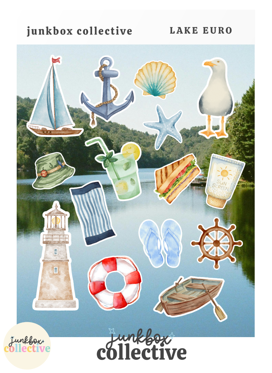 Lake Euro summer lake sticker sheet featuring sailboat, anchor, lighthouse, seagull, rowboat, seashell and nautical stickers for junk journals and scrapbooks. Summer vacation sticker sheet with lake, boating, beach and nautical themed stickers for scrapbooking. Nautical summer stickers featuring rowboat, life preserver, lighthouse, flip flops and beach towel