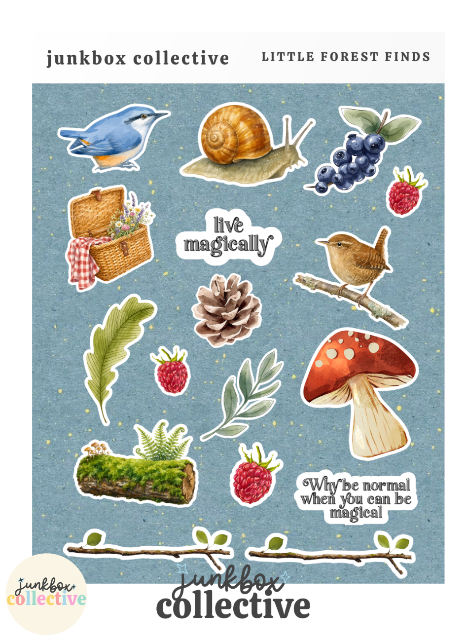 Little Forest Finds woodland sticker sheet featuring cottagecore forest stickers, mushrooms, woodland birds, snail, blueberries, raspberries, leaves, pinecone, mossy log, picnic basket and magical nature phrases for junk journals and scrapbooks.
