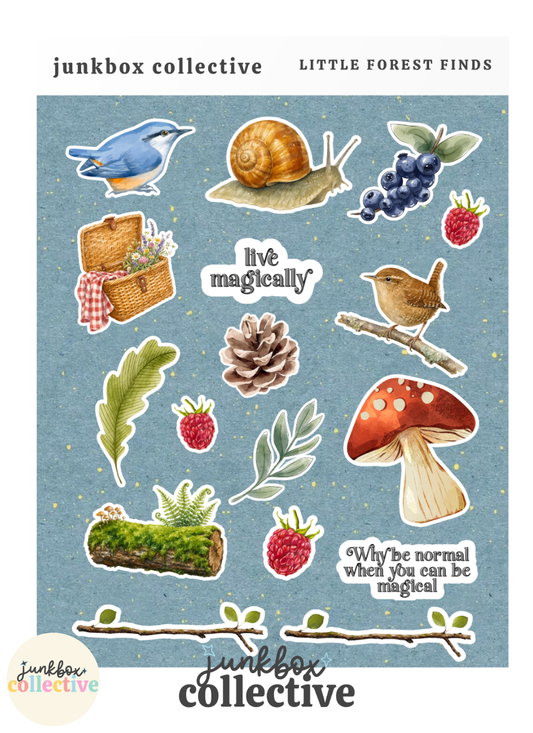 Little Forest Finds woodland sticker sheet featuring cottagecore forest stickers, mushrooms, woodland birds, snail, blueberries, raspberries, leaves, pinecone, mossy log, picnic basket and magical nature phrases for junk journals and scrapbooks.
