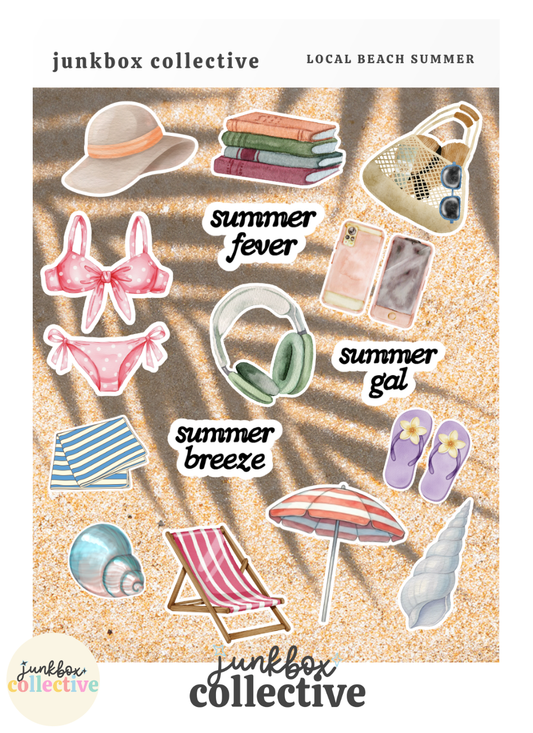 Local Beach Summer junk journal sticker sheet featuring pink polka dot bikini, beach tote, summer books, headphones, flip flops, seashells, beach chair, umbrella and coastal summer illustrations.