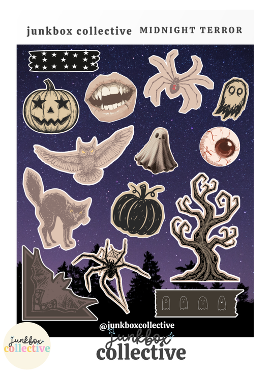 Midnight Terror Halloween sticker sheet with jack-o'-lantern, vampire teeth, spiders, ghosts, eyeball, owl, creepy cat, black pumpkin, bat and twisted tree stickers.