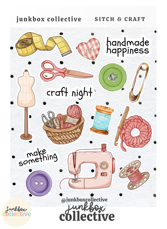Sitch & Craft sewing and craft sticker sheet featuring vintage sewing machine, thread spools, yarn, buttons, scissors, measuring tape, craft supplies and handmade happiness phrases. Measuring tape