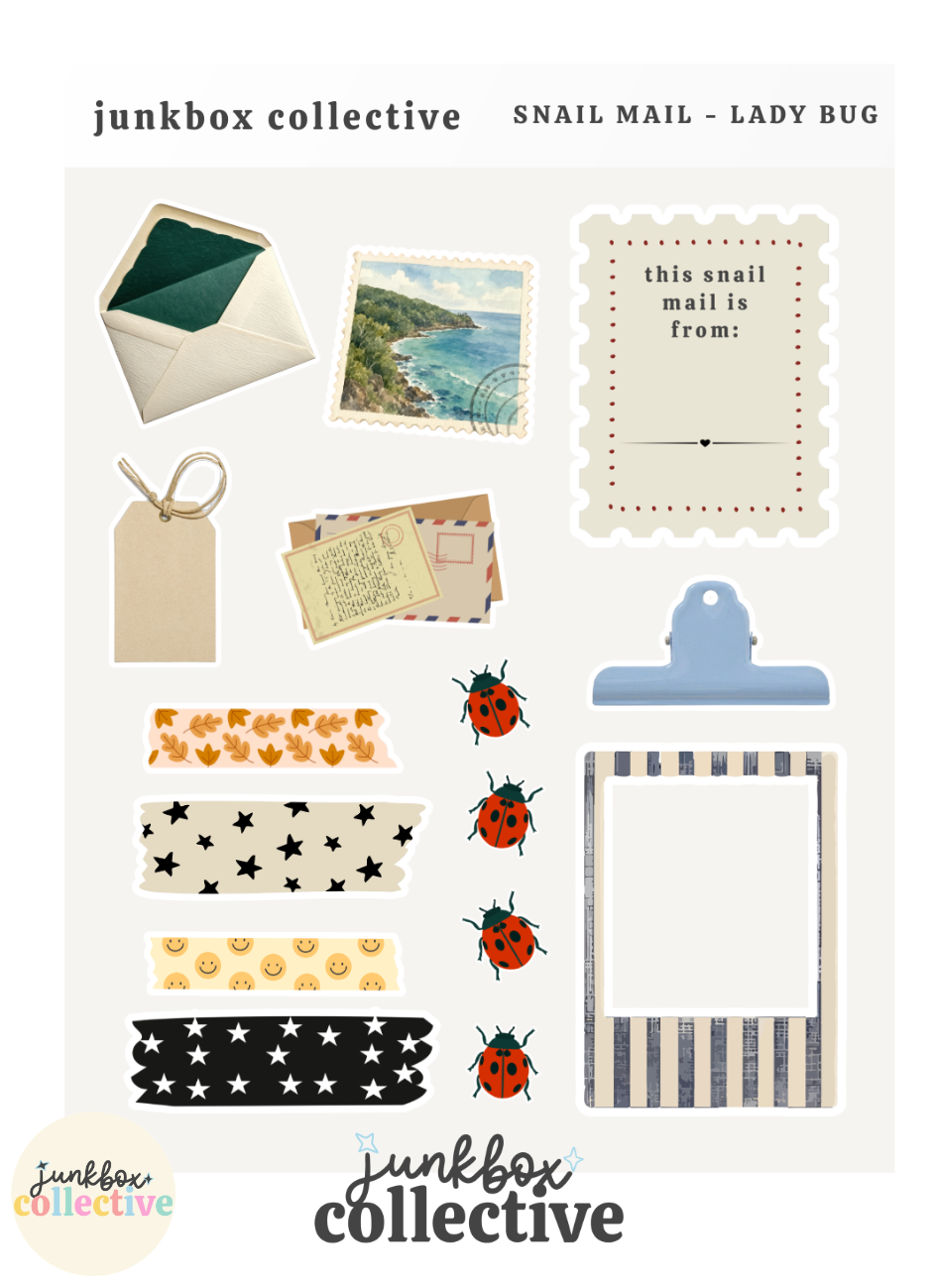 Snail Mail Lady Bug scrap pack featuring pen pal and letter writing ephemera, envelopes, postage stamps, ladybug stickers, tags, vintage mail details and patterned paper for junk journals and happy mail.