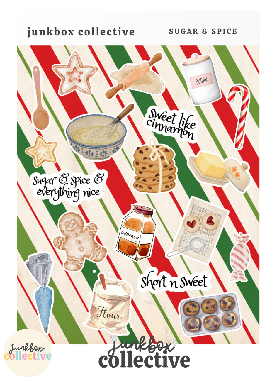 Christmas junk journal sticker sheet featuring gingerbread cookies, rolling pin, flour, sugar and baking supplies