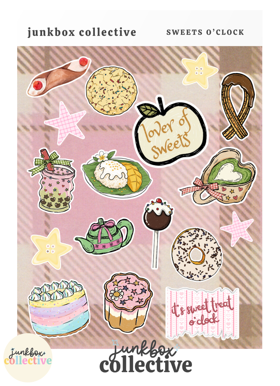 Sweets O’Clock cute dessert sticker sheet with cookies, cake, donut, teapot, sweet treats and pastel food illustrations for junk journaling and scrapbooking