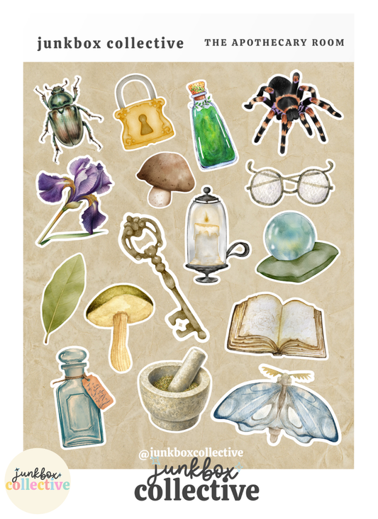 The Apothecary Room vintage sticker sheet featuring apothecary bottles, antique keys, mushrooms, beetle, tarantula, iris flower, crystal ball, old book, moth, candle and botanical illustrations for junk journaling and scrapbooking.