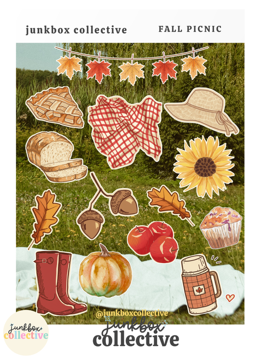 Fall Picnic autumn sticker sheet with apple pie, red gingham blanket, sunflower, apples, pumpkin, acorns, fall leaves, rain boots, picnic hat, bread, muffin and thermos for junk journaling and scrapbooking.