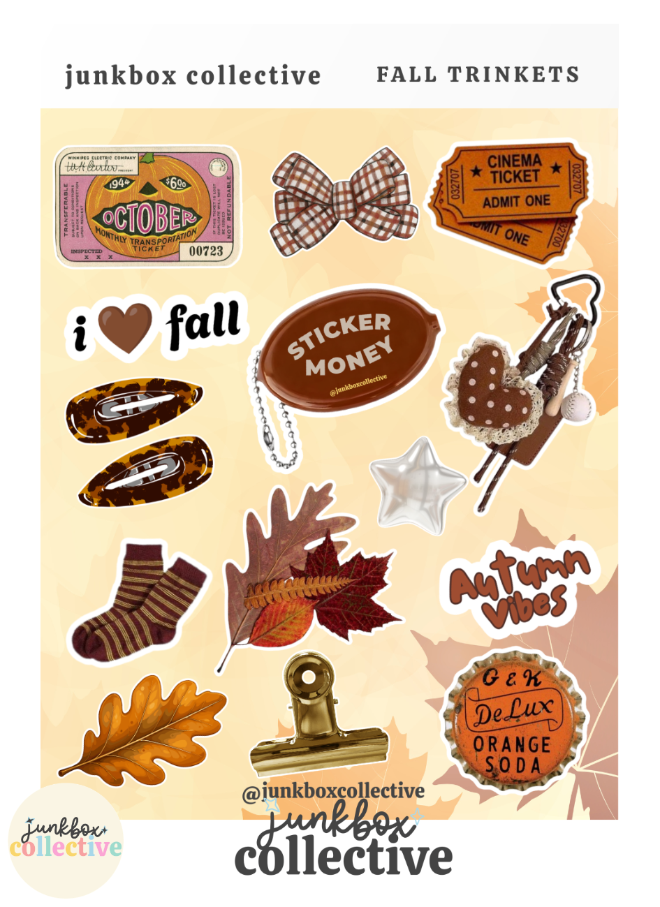 Fall Trinkets autumn sticker sheet featuring vintage tickets, cinema tickets, plaid bow, cozy striped socks, autumn leaves, hair clips, orange soda cap, binder clip and nostalgic fall ephemera for junk journaling and scrapbooking.