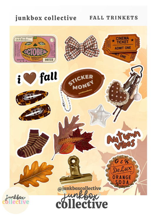 Fall Trinkets autumn sticker sheet featuring vintage tickets, cinema tickets, plaid bow, cozy striped socks, autumn leaves, hair clips, orange soda cap, binder clip and nostalgic fall ephemera for junk journaling and scrapbooking.