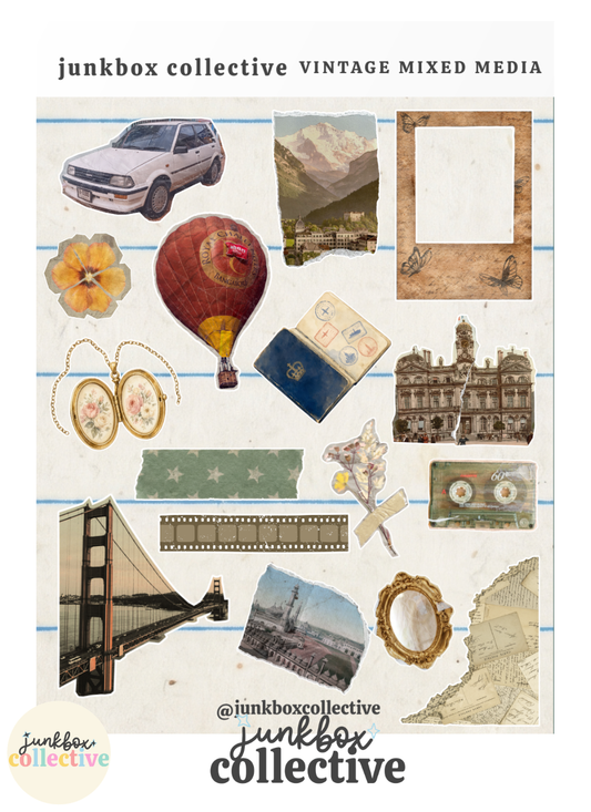 Vintage mixed media sticker sheet with travel photos, hot air balloon, vintage car, cassette tape, film strip, Golden Gate Bridge, botanical ephemera and old letters.