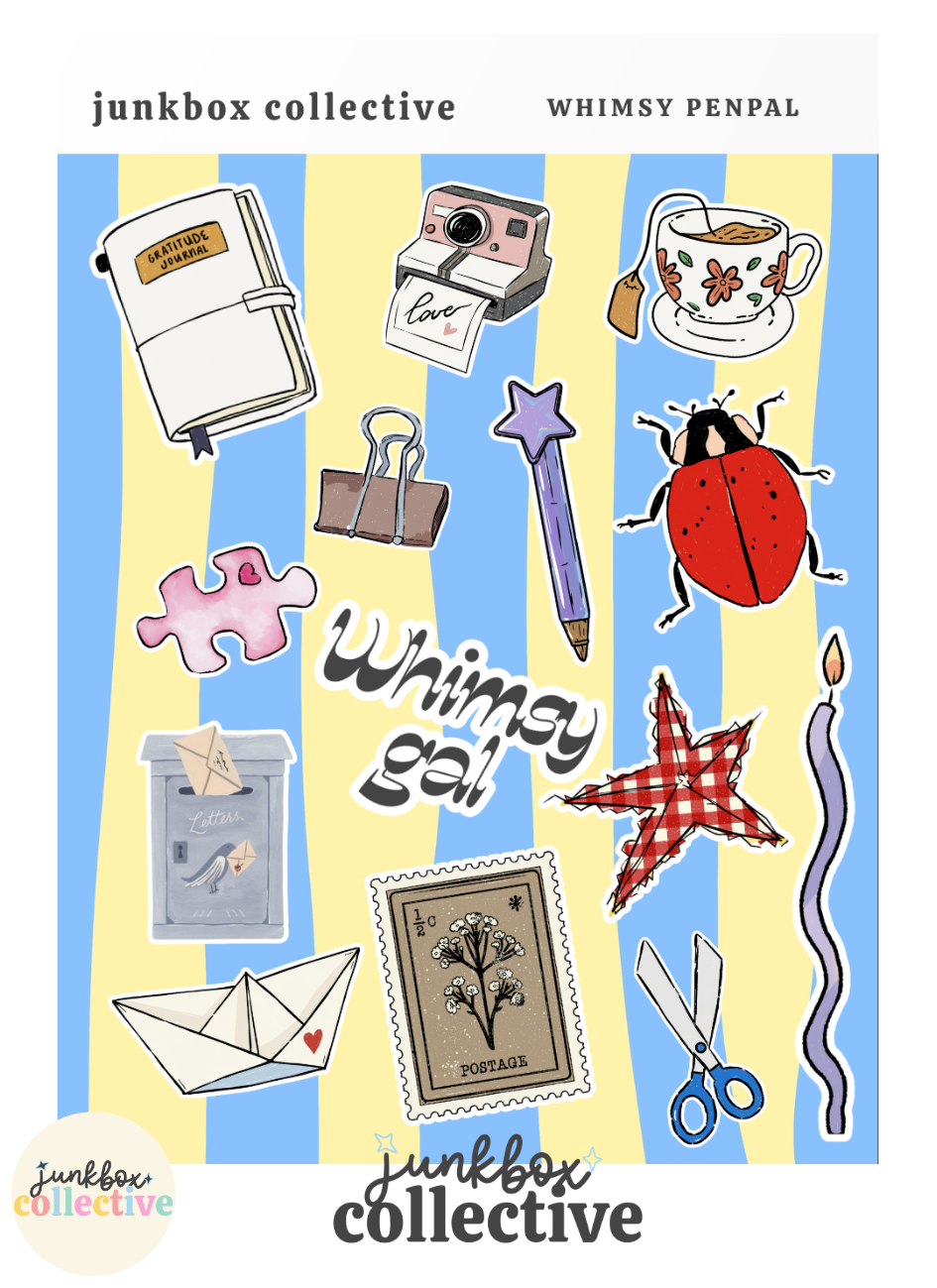 Whimsy Penpal snail mail sticker sheet with envelopes, postage stamp, mailbox, letter, scissors, Polaroid camera, journal and stationery stickers