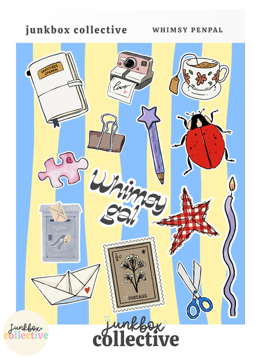 Whimsy Penpal snail mail sticker sheet with envelopes, postage stamp, mailbox, letter, scissors, Polaroid camera, journal and stationery stickers