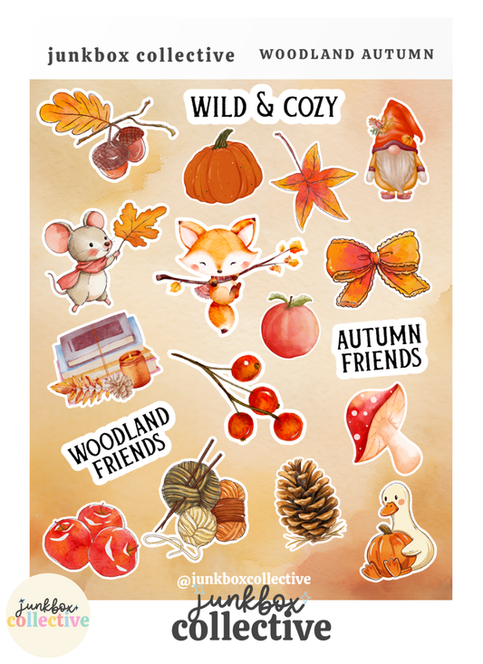 A sheet of die-cut autumn-themed stickers from Junkbox Collective, featuring illustrations of a fox, mouse, gnome, acorns, leaves, berries, pinecone, yarn, and a duckling on a warm beige background.🍎 Apple harvest & red apples
🍎 Apple-picking basket
🎃 Pumpkin
🍁 Autumn leaves
🌰 Acorns
🍄 Woodland mushroom
🐭 Cozy woodland mouse
🦊 Autumn fox
🧶 Yarn & knitting
🌲 Pinecone
🧙 Woodland gnome
🦆 Duck with a pumpkin
🏡 Cozy autumn book bundle
🎀 Fall-inspired bow
“Wild & Cozy”
“Autumn Friends”